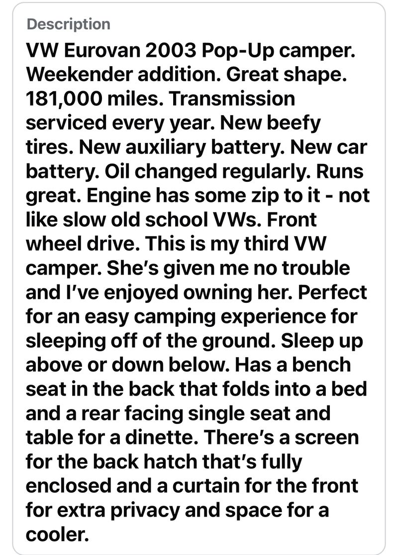 Picture 3/13 of a 2003 VW Eurovan Weekender for sale in Durango, Colorado