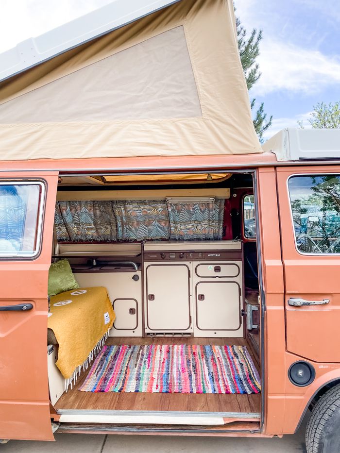 Photo showing the inside of a 1983 VW Vanagon (Westfalia) Campervan