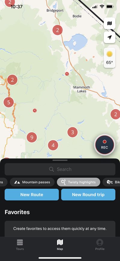Screenshot of the Calimoto app showing how to navigate to an area