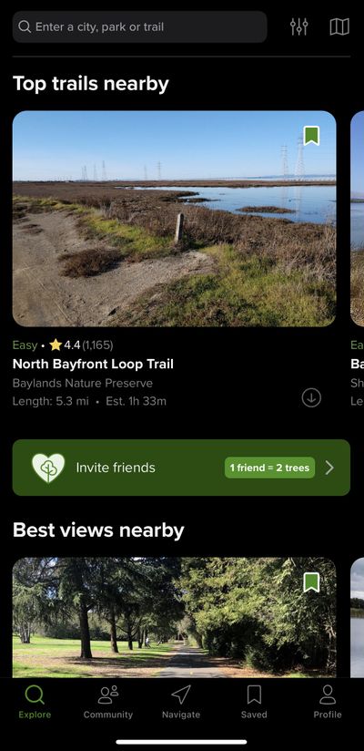 Screenshot of the Alltrails app showing places to hike