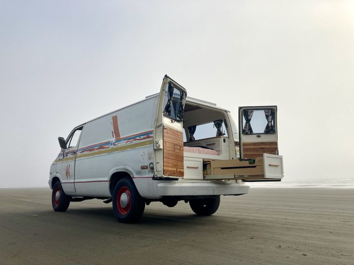 Photo of the outside of a 1974 Dodge Boogievan "Shorty" campervan