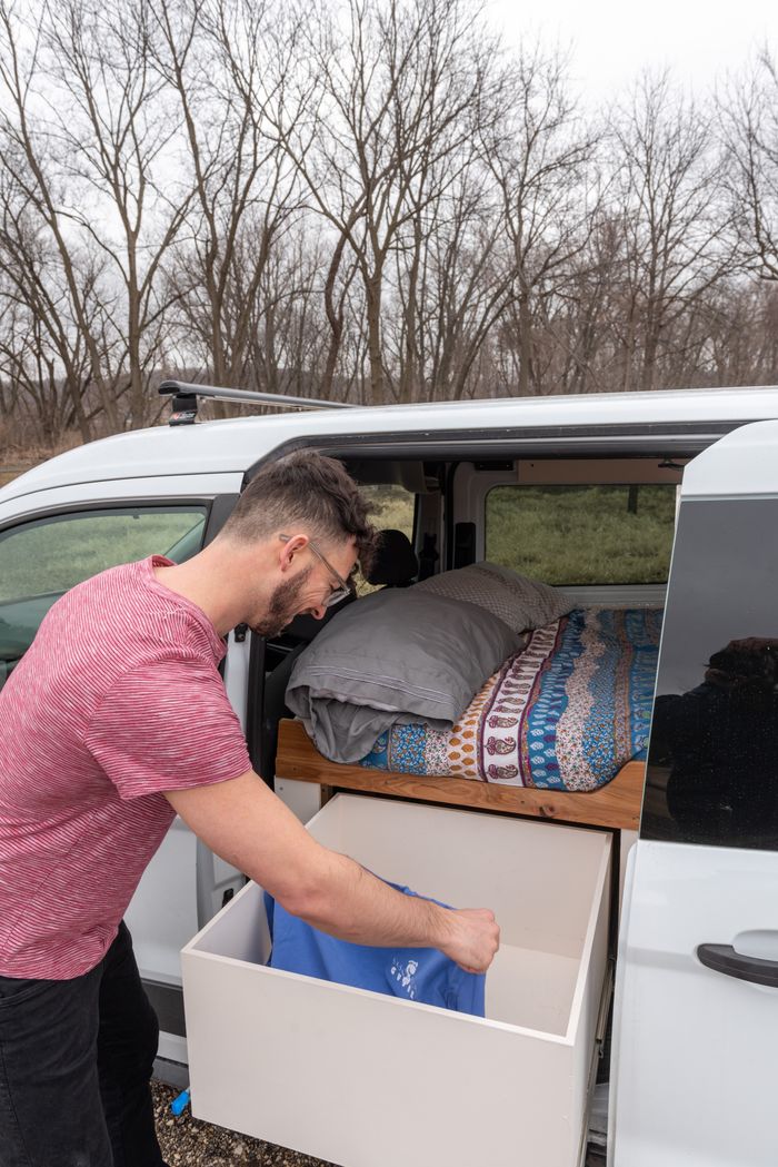 Photo of a slide-out draw in a 2018 Ford Transit Connect Campervan