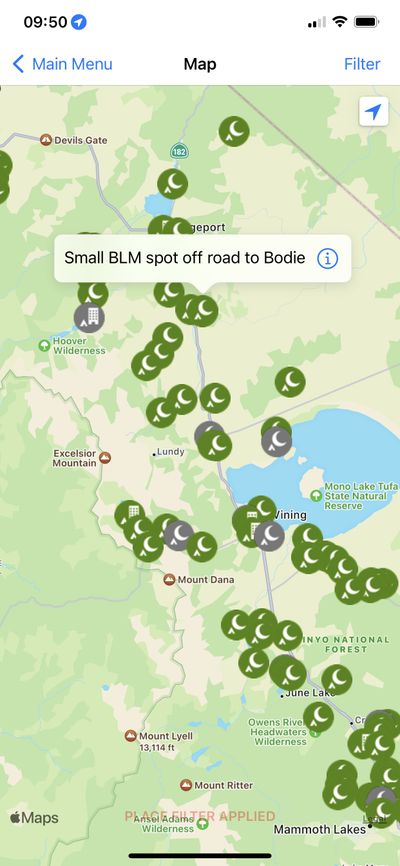 iOverland app screenshot showing camping locations on a map