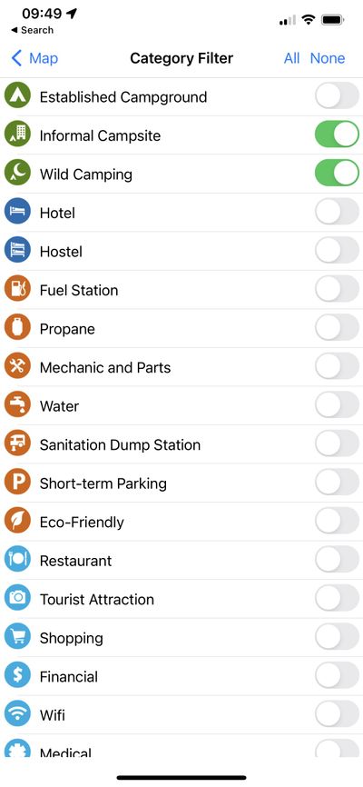 iOverland app screenshot showing place filtering options