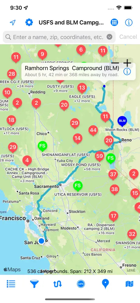 Screenshot of the USFS & BLM Campgrounds app